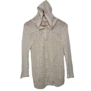 Mariarerro Swim Cover Up Womens L White Crochet Lace Long Sleeve Button Up Hood